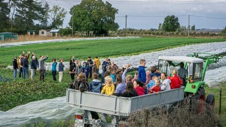 Kinder fahren auf Anhänger hinter Traktor